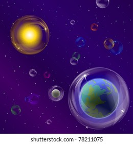 Abstract vector background, space: planet mother Earth, moon, sun and stars in transparent bubbles