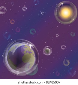 Abstract vector background, space: planet mother Earth, moon, sun and stars in transparent bubbles