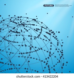 Abstract vector background with sphere. Futuristic wireframe mesh element. Connection Structure. Geometric Modern Technology Concept. Digital Data Visualization.