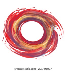 Abstract vector background. Splash of red and gold color. Circle frame, isolated.