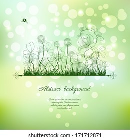 Abstract vector background. Spring or summer design. Clover and strawberry plants. Bumble bee and ladybug. Place for your text.