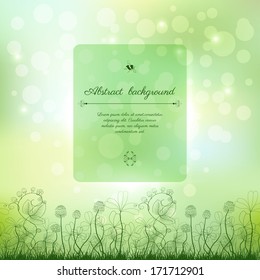 Abstract vector background. Spring or summer design. Clover and strawberry plants. Bumble bee and ladybug. Transparent frame for your text.