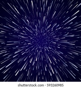 Abstract vector background with Star Warp or Hyperspace Travel. Blue Space Concept of moving stars lights.