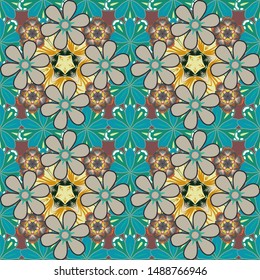 Abstract vector background. Stylish wallpaper with flowers. Floral seamless pattern with blooming flowers and leaves in green, blue and gray colors.