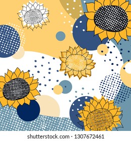 Abstract vector background with sunflowers, rough brush strokes, hand drawn dots, grain, textures and minimalist elements. Suitable for creating greeting cards, invitations, banners, web, flyers