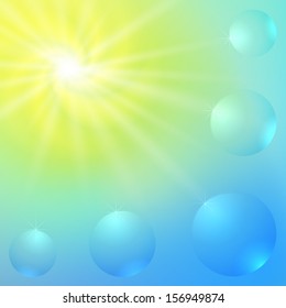 Abstract Vector Background with Sunny Say, Blue Sky and Bubbles