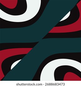 Abstract vector background with swirling shapes in red black and white with a central teal band creating a dynamic visual effect.