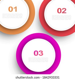Abstract, vector background template with 3 sections made of overlapping circles with colorful rings and space for text or images on a subtle gradient background