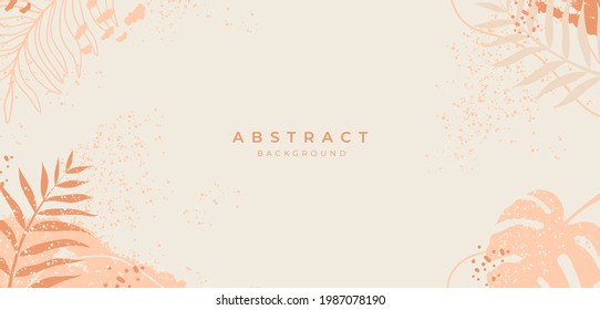 Abstract vector background template.Tropical summer banner.Organic simple shapes, brush and texture.Minimal cover design with botanical palm leaves for wall art,postcard,brochure,fabric,sale on beige