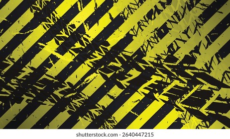 Abstract vector background with tire tracks and yellow-black warning lines. Dynamic design suitable for automotive, racing or aggressive industrial themes.