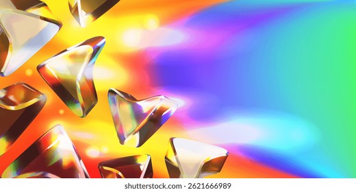 Vetor de fundo abstrato com cristais transparentes com brilho e gradiente brilhante. Brilhando setas de vidro com paleta de arco-íris. Faixa com espaço para texto. Ilustração.
