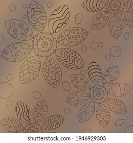 Abstract vector background. Transparent monochrome line art flowers with ornament on metal gradient backdrop.