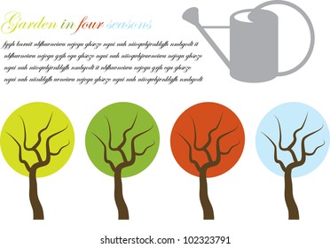 abstract vector background with tree in four seasons,watering can and place for your text isolated on white background