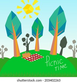 Abstract vector background. Trees and picnic basket
