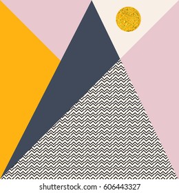 
Abstract vector background with triangles in pastel retro colors, zigzags and a golden circle.