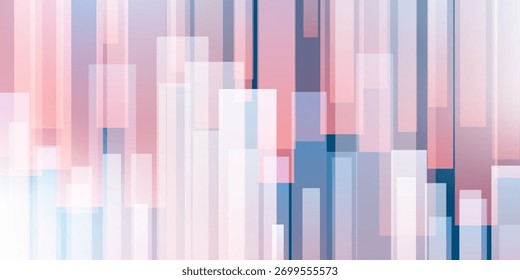 Abstract vector background with vertical layers of gradient rectangles, thick lines in soft peach, pink and blue tones. Modern geometric design for digital, decorative and creative use.