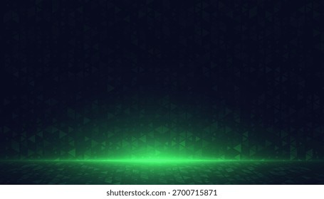 Vetor de fundo abstrato com um brilho verde vívido no horizonte, partículas digitais suaves e um chão reflexivo. Estágio de luz futurista para banners de tecnologia, cabeçalhos de IU, apresentações e design de movimento.	