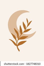 Resumen de fondo vectorial con tonos cálidos. Arte contemporáneo con luna y ramas. Texturas de arte de estilo moderno. Vibes de otoño. Perfecto para imprimir, afiches, medios sociales, tarjetas, grandes historias