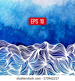 Abstract vector background. Watercolor background with waves. Blue watercolour banner. Vector illustration. Wavy graphic. Painted image. Can be used for card (postacard), menu, banner, web, printing