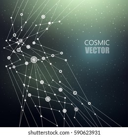 Abstract vector background. White intersecting lines with round points at the intersections on a dark mesh background. Subject of technology, molecular physics, data transmission, constellation.