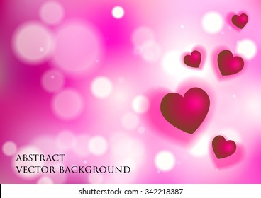 Abstract vector background with white and pink heart, with bokeh effect