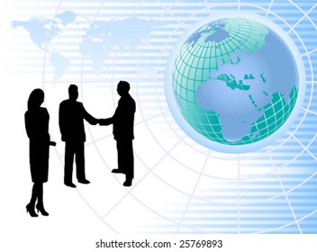An abstract vector  background with a wire mesh globe on a blue striped base with silhouetted business people with room for text