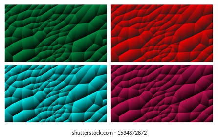 Abstract vector backgrounds 4 in 1. Red-black, light blue with black, green-black, burgundy-black. Made in poly style. Mosaic of two shades. Modernity in simplicity and perfection.