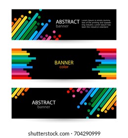 Abstract vector backgrounds for banners. Rainbow line on black background. Color line with bright dots on dark banners.