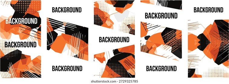 Abstrakte Vektorhintergründe mit schwarzen, weißen, orangefarbenen Pinselstrichen, geometrischen Formen, modernem Layout, künstlerischer Komposition für kreative Designanwendungen