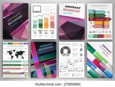 Abstract vector backgrounds and brochures for web and mobile applications. Business and technology infographic, icons, creative template design for presentation, poster, cover, booklet, banner.