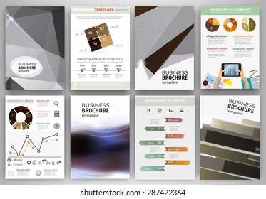 Abstract vector backgrounds and brochures for web and mobile applications. Business and technology infographic, icons, creative template design for presentation, poster, cover, booklet, banner.