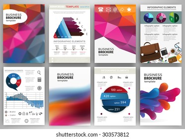 Abstract vector backgrounds and brochures for web and mobile applications. Business and technology infographic, icons, creative template design for presentation, poster, cover, booklet, banner.