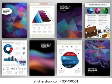 Abstract vector backgrounds and brochures for web and mobile applications. Business and technology infographic, icons, creative template design for presentation, poster, cover, booklet, banner.