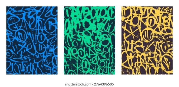 Abstract vector backgrounds with colorful graffiti tags and marker scribbles. Urban street art fragments for trendy posters, prints and apparel design.