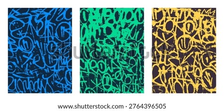 Abstract vector backgrounds with colorful graffiti tags and marker scribbles. Urban street art fragments for trendy posters, prints and apparel design.