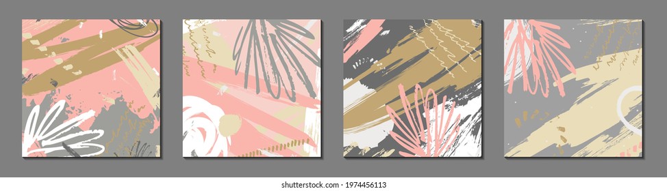 Abstract vector backgrounds with drawn grunge texture, lines, shapes, graphic elements. Doodle style. Modern textured brush stroke, scribbled. Paint illustration. Trendy print for branding design