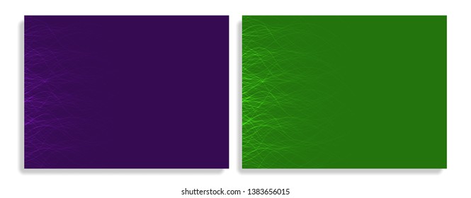 Abstract vector backgrounds with glowing curved beams. Purple and green.