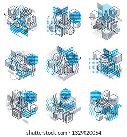 Abstract vector backgrounds with isometric lines and shapes. Cubes, hexagons, squares, rectangles and different abstract elements. Vector collection.