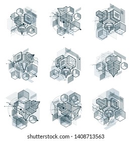 Abstract vector backgrounds with isometric lines and shapes. Cubes, hexagons, squares, rectangles and different abstract elements. Vector collection.