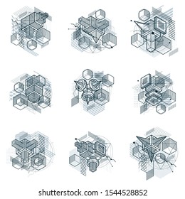 Abstract vector backgrounds with isometric lines and shapes. Cubes, hexagons, squares, rectangles and different abstract elements. Vector collection.