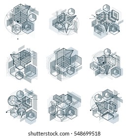 Abstract vector backgrounds with isometric lines and shapes. Cubes, hexagons, squares, rectangles and different abstract elements. Vector collection.