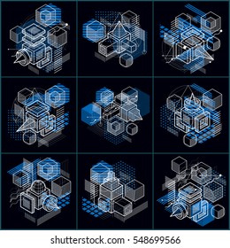 Abstract vector backgrounds with isometric lines and shapes. Cubes, hexagons, squares, rectangles and different abstract elements. Vector collection.