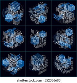 Abstract vector backgrounds with isometric lines and shapes. Cubes, hexagons, squares, rectangles and different abstract elements. Vector collection.