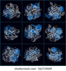 Abstract vector backgrounds with isometric lines and shapes. Cubes, hexagons, squares, rectangles and different abstract elements. Vector collection.