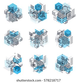 Abstract vector backgrounds with isometric lines and shapes. Cubes, hexagons, squares, rectangles and different abstract elements. Vector collection.