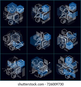 Abstract vector backgrounds with isometric lines and shapes. Cubes, hexagons, squares, rectangles and different abstract elements. Vector collection.