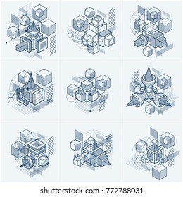 Abstract vector backgrounds with isometric lines and shapes. Cubes, hexagons, squares, rectangles and different abstract elements. Vector collection.
