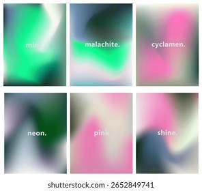 Planos de fundo vetoriais abstratos em estilo gradiente moderno, apresentando suaves, borrões em cores verdes, negras, cor-de-rosa e creme. O olhar é calmo, mínimo e atmosférico, evocando a natureza e a tranquilidade.