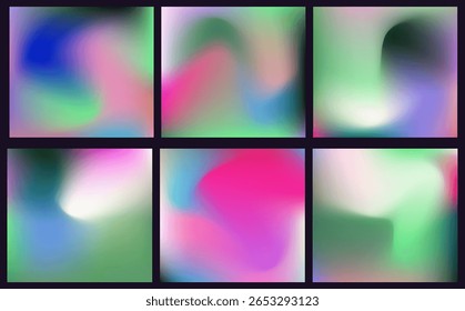 Abstract vector backgrounds in modern gradient style with soft blurred shapes. Features green, pink, blue, and purple tones. Minimal, dreamy, and calm visual effect for contemporary design.
