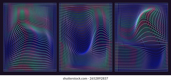 Abstract vector backgrounds in modern op-art style with colorful warped grids. Features blue, pink, purple, and green tones. Dynamic wave patterns create a vibrant and futuristic visual effect.